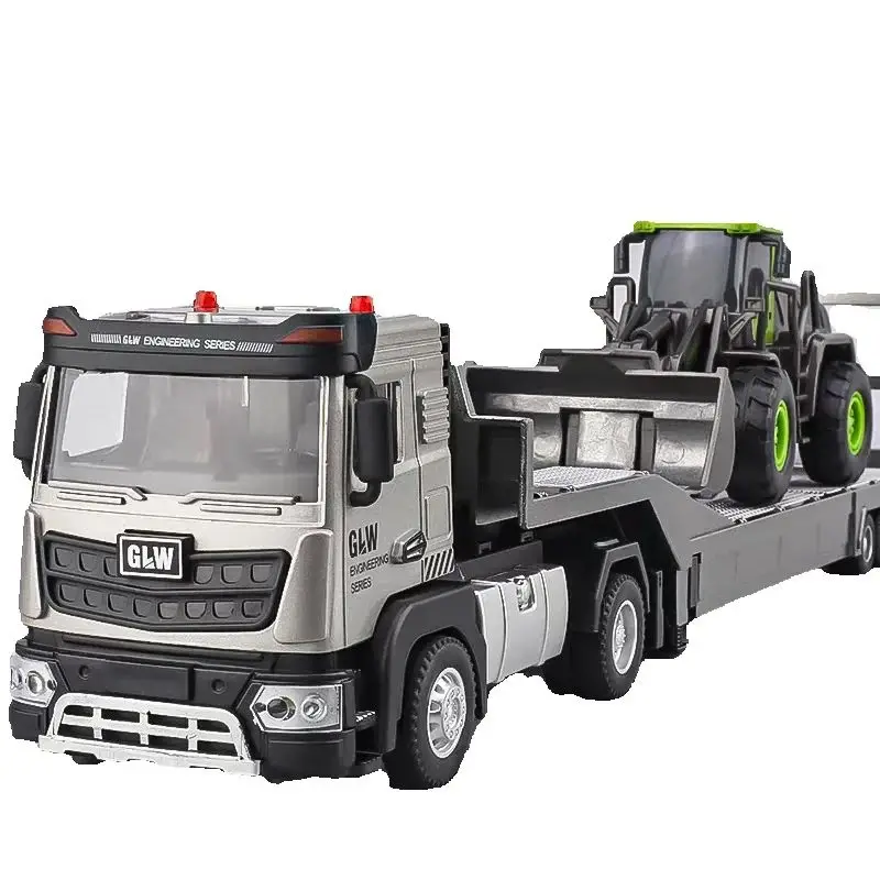 1:40 Anhängerauto mit Mini-Bulldozer und Bagger, Druckguss-Modelltechnik, zurückziehbares Bausammlungsspielzeug für Kinder