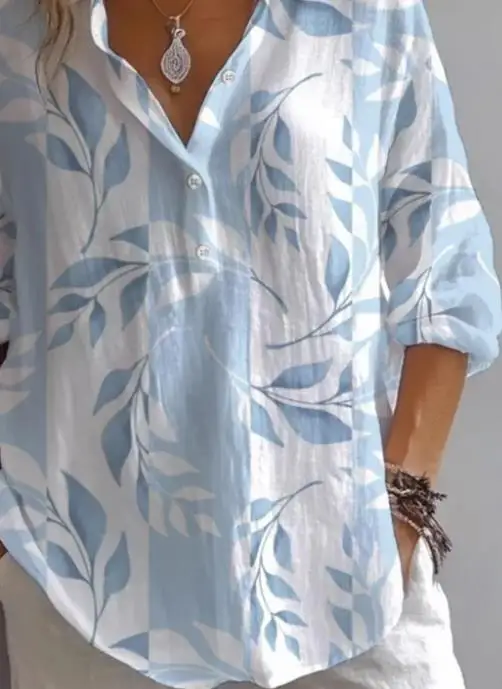 

2025 New Spring and Autumn Fashion Printed Lapel Long Sleeved Shirt Top for Women T-Shirt Pullover Tops Womens Clothing Outfits
