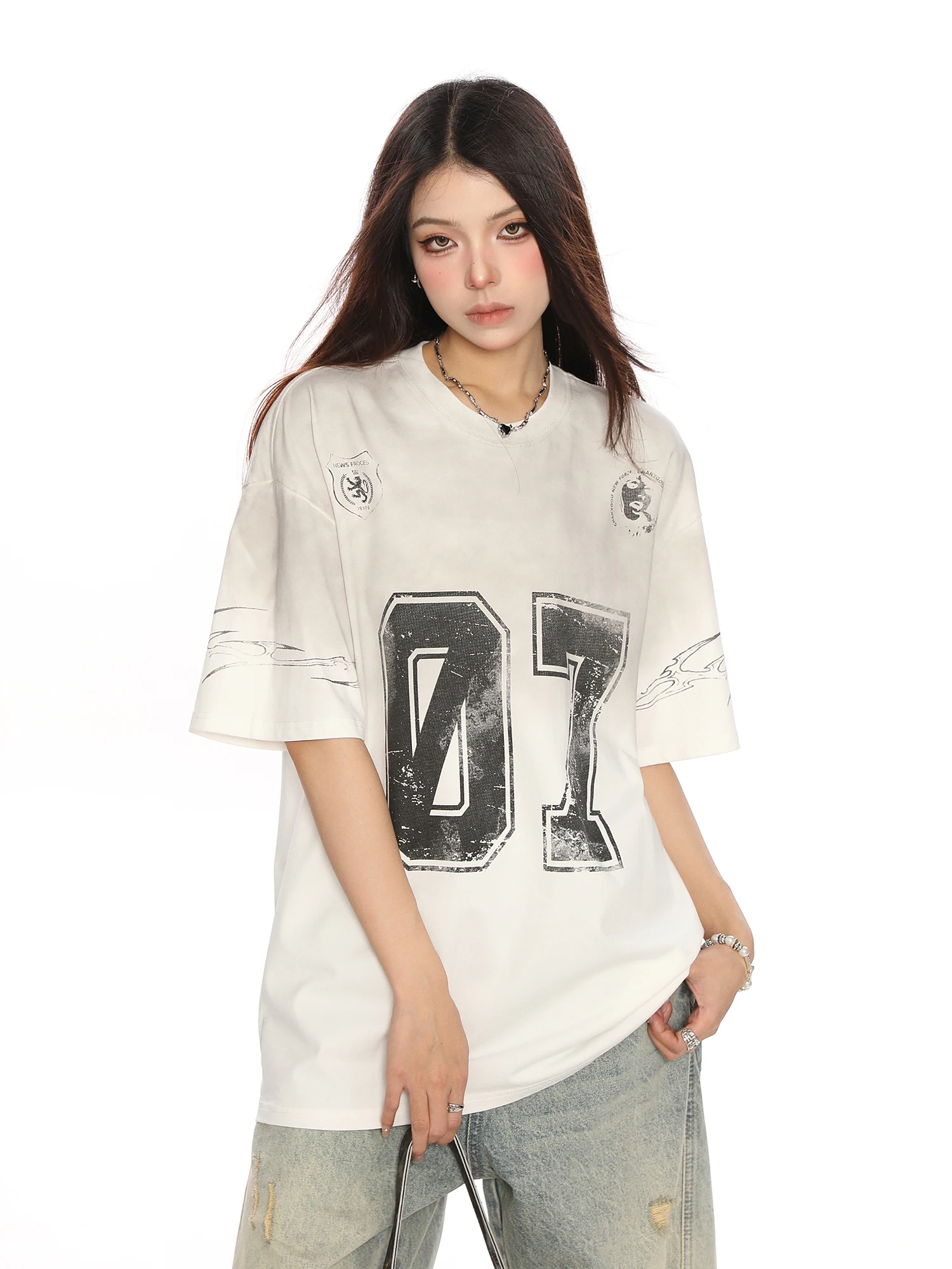 

Футболка-джерси в стиле американского ретро Waed Distred, женская летняя оверсайз, парные топы с принтом, Hot Girl Sle Lo...