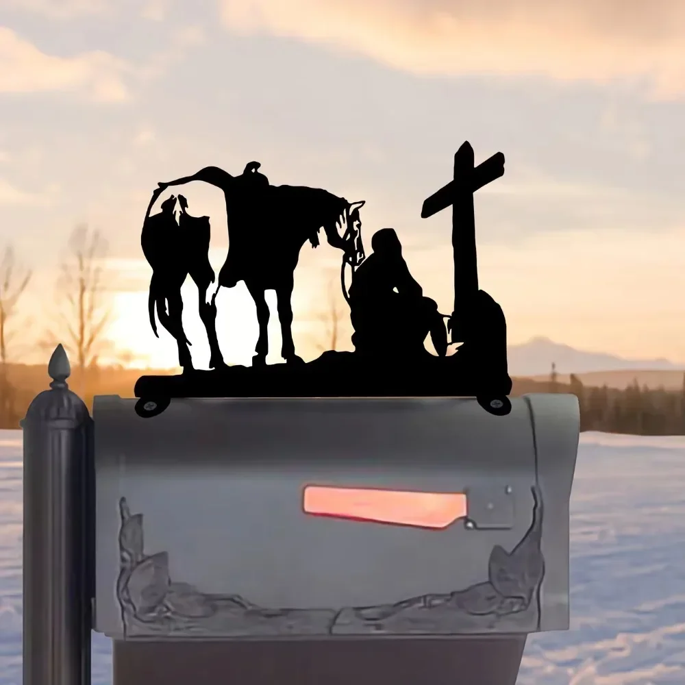 CIFBUY Cowboy Horse Metal Wall Art Iron Silhouette Mailbox Topper Sign Western Ranch Home Garden Outdoor Decor Gift Ornament