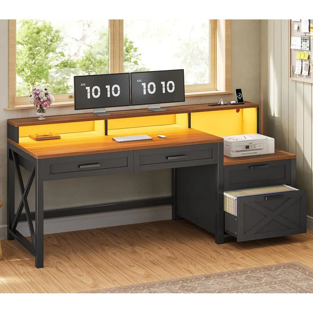 

Эргономичный домашний офисный стол с выдвижным ящиком, розеткой, 4 ящиками для хранения, подставкой для принтера и полкой для монитора, LED-стол для геймеров, черный