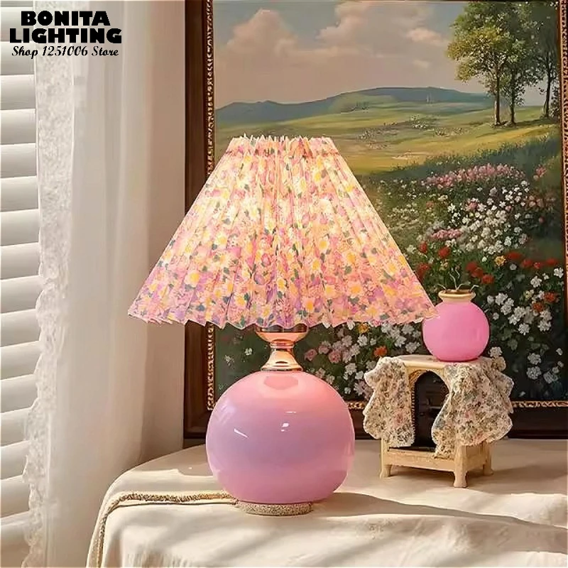Pink Floral Ceramic Table Lamp French Vintage Girly Bedside Light Pleated Fabric Shade Remote Dimming for Living Room Decor