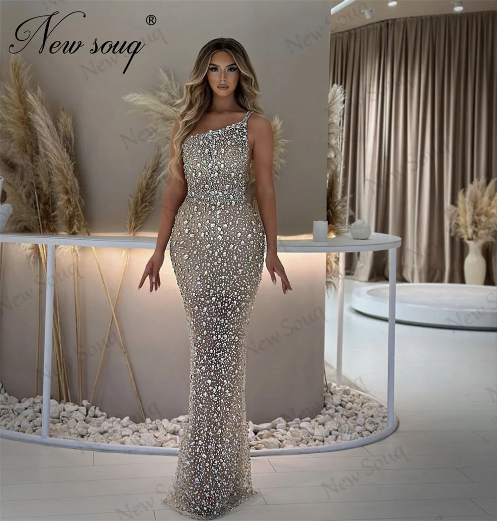 Full Beaded Mermaid Party Dresses One Shoulder Women Champagne Crystals Prom Dress Plus Size Dubai Engagement Evening Gowns Robe