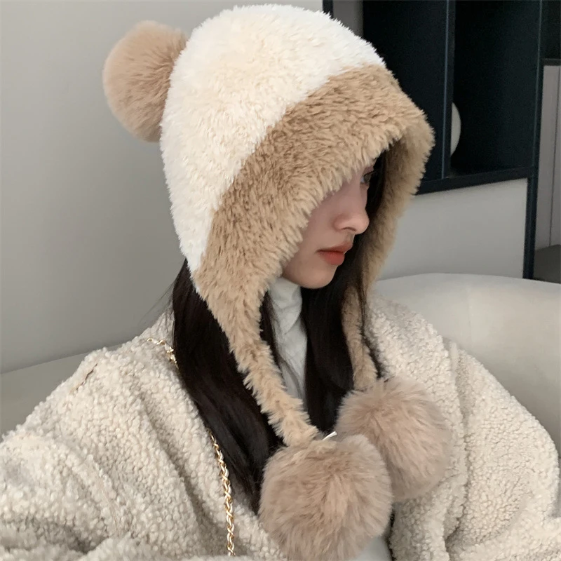 

Fluffy Plush Women Beanie Cap Winter Warm Big Pompom Knitted Ear Protection Hat Windproof Snow Ski Female Earmuffs Caps