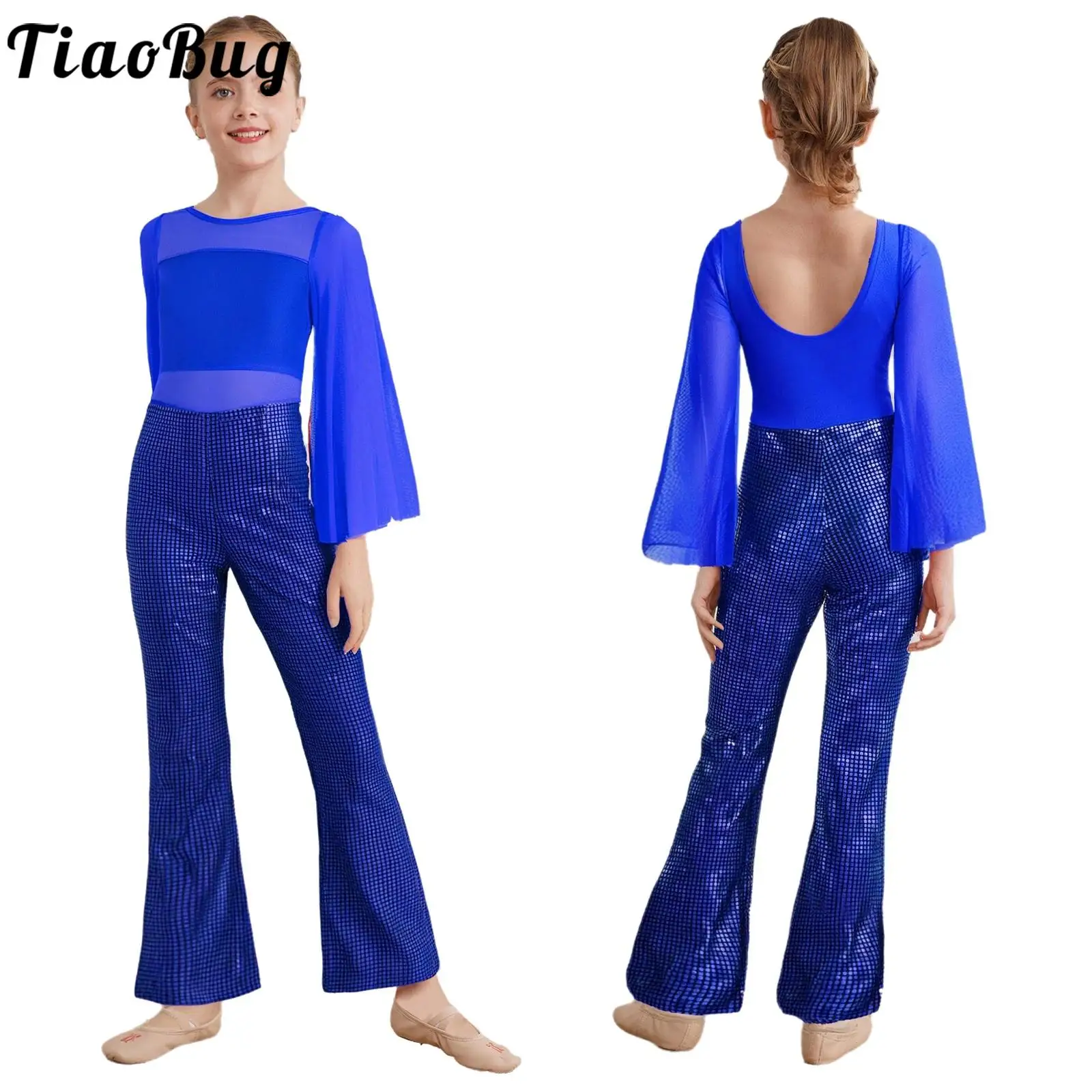 

Kids Girls Jazz Ballroom Tango Dance Performance Costume Disco Modern Dancewear Long Sleeves Sheer Mesh Patchwork Shiny Jumpsuit