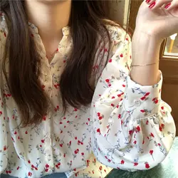 Camisa floral de chiffon com manga lanterna, decote em v, proteção solar, blusas boho soltas vintage, blusa feminina doce, primavera