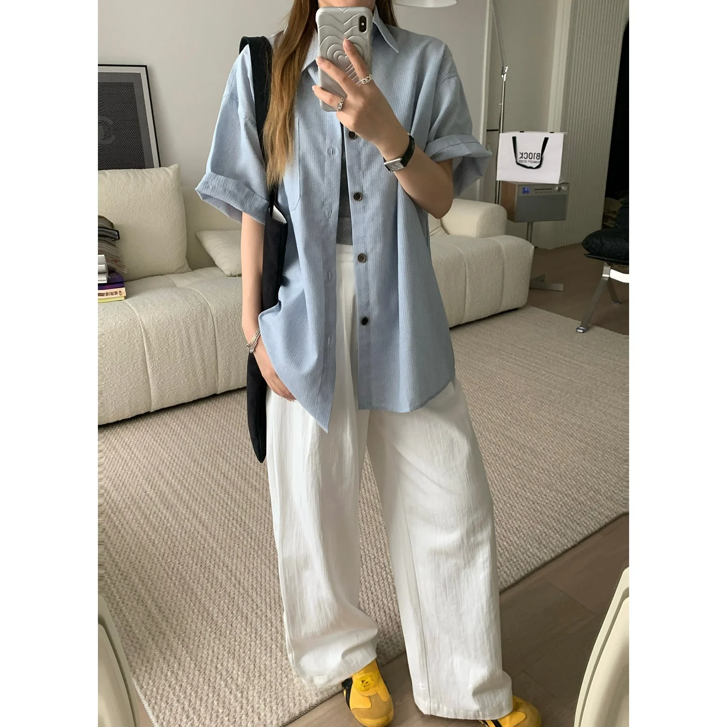 

Y Studio Women's Loose Fit ort Sve Striped irt Thin Summer Casual Top Lazy Sle Faionable Ladies' irt