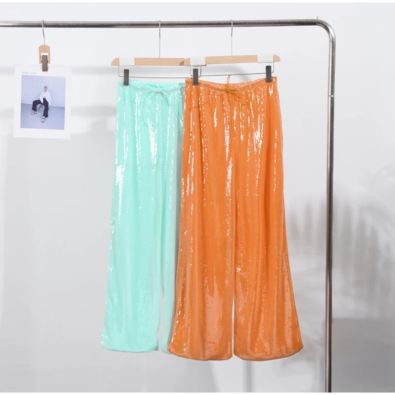 Sequin Loose Summer Women's Pants Low-rise Drawstring Straight Wide Leg Y2k Pant And Trousers New Beach Casual Clothes 2026
