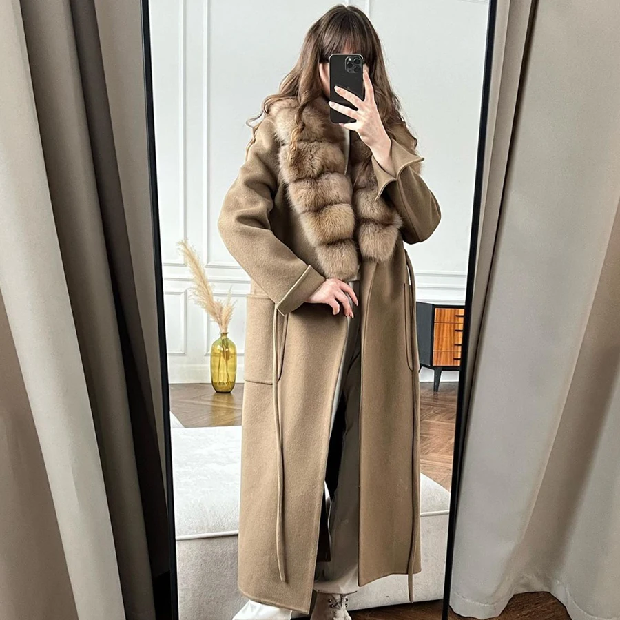 Wool Cashmere Coat Women Real Fox Fur Collar Luxury Designer Coat Natural Fur Women's Long Coat