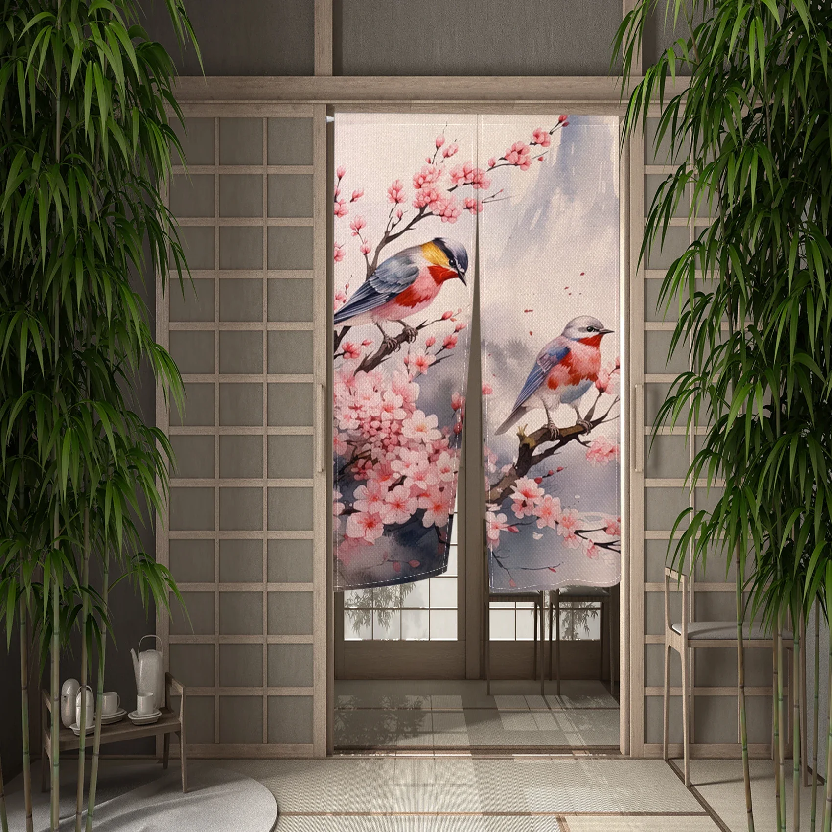 Chinese Traditional Flower Birds Door Curtain Ink Painting Japanese Doorway Curtains Kitchen Bedroom Hanging Partition Curtain