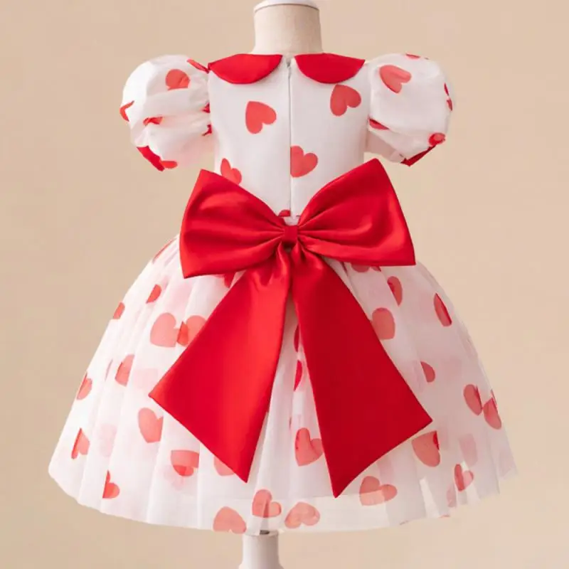 New Bubble Sleeve Love Princess Dress Cute Bow Waist Doll Collar Color Blocked Christmas Birthday Party Dress for 4 5 6 7