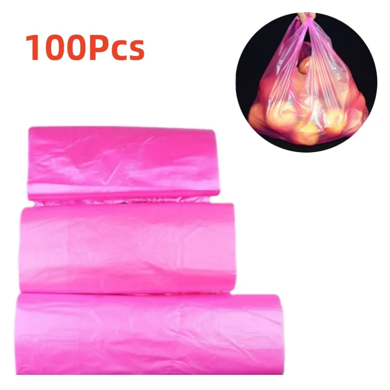 100pcs Pink Plastic Bag Thicken Vest Storage Bag Supermarket Shopping Handle Bag Kitchen Clean Takeaway Packing Garbage Bag