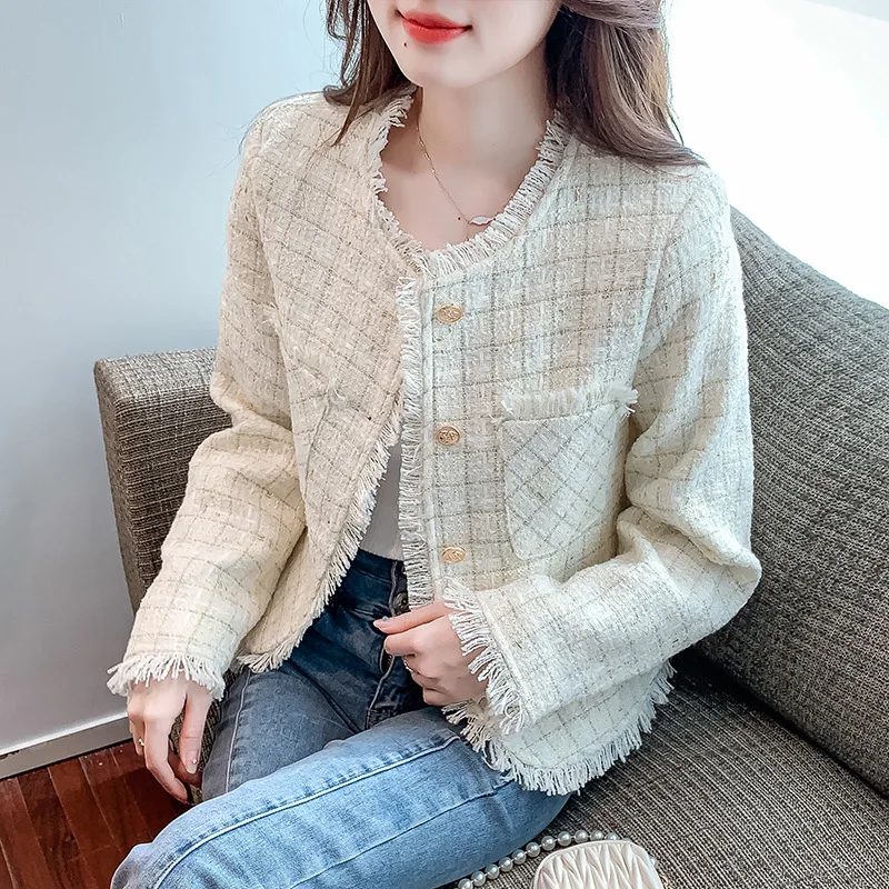 Unique Short Tassel Edge Tweed Floral Jacket Autumn Trend Beige Pink Coats Women