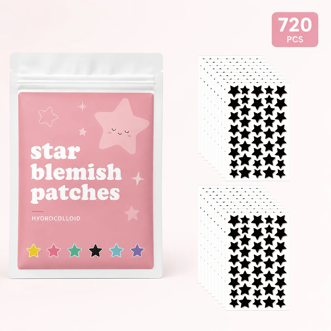 720PCS Hydrocolloid Star Pimple Patches, Black Star Face Stickers, Cute Blemish Cover Patches for Men Women, Party & Daily Wear