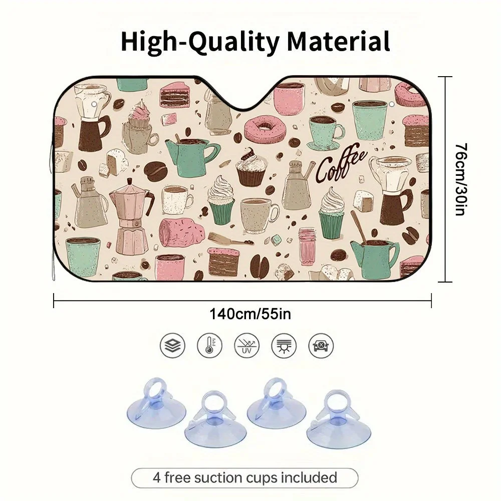 1pc A Two-Dimensional Flat Coffee-Themed Car Sunshade – Collapsible And Easy To Set Up, It Helps Maintain A Cool Temperature Ins