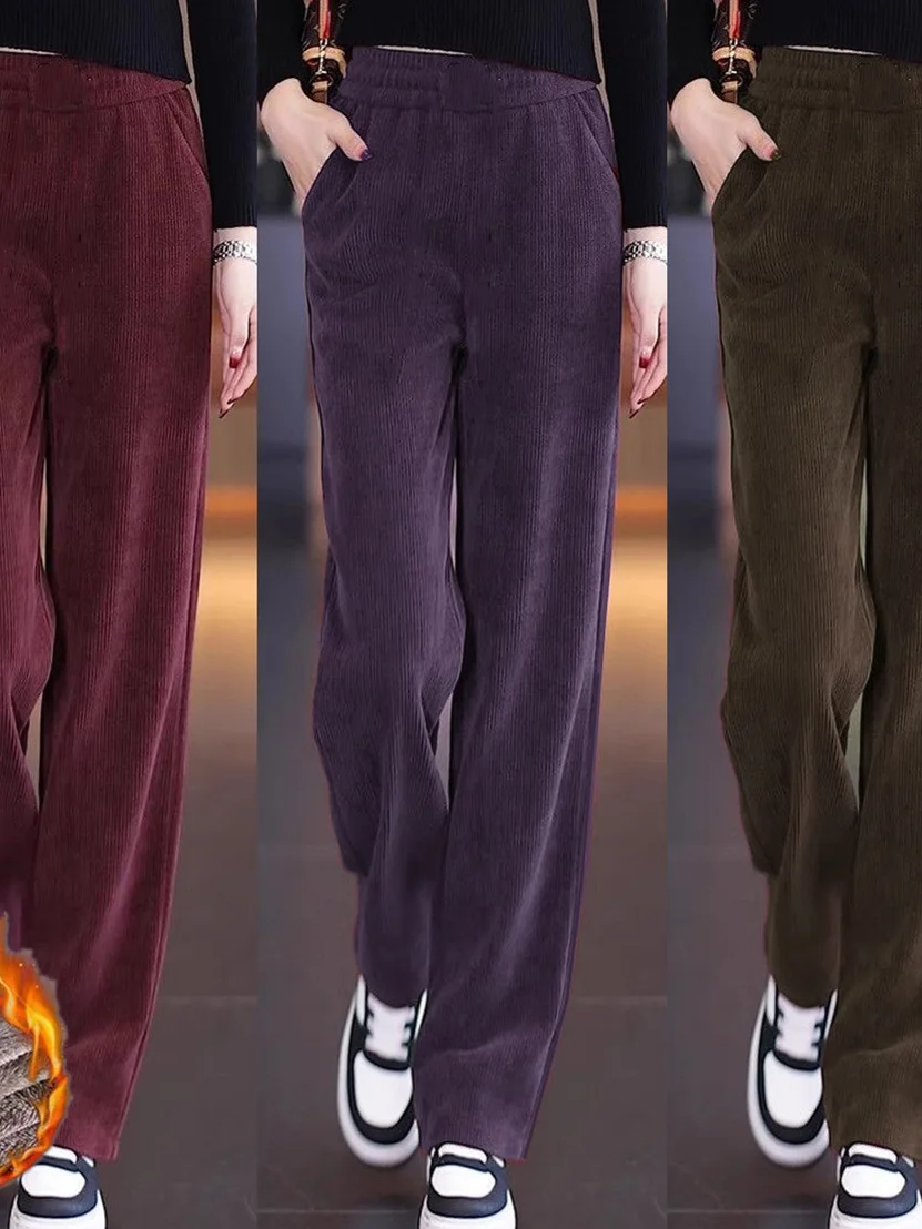 Fce gevoerde wijde pijpen broek voor dames Thiened warme casual broek hoge taille elastisch polyester rechte pijpen winter nieuw