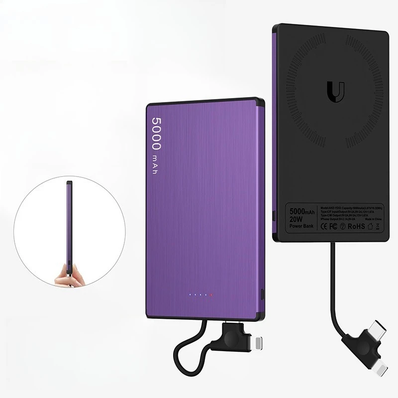 5000mAh Ultra-thin Magnetic Wired Power Bank with Built-in Cable, 0.6xCM 2-in-1 PD Fast Charging Mobile Power for Mobile Phones