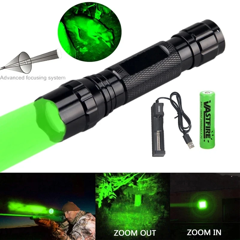 

VASTFIRE 300 Yards Zoomable Weapon guns Light Green/Red Flashlight Predator Varmint Hog Hunting Airsoft Torch+18650+USB Charger