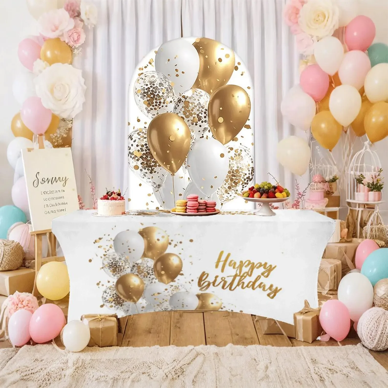 Gold & White Arched Birthday Background Set Balloon Background Stretch Table Cover Elegant Party Decoration Birthday Background