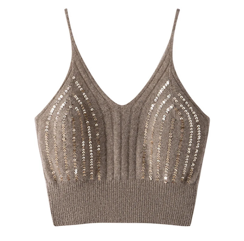 Solid Color Goat Cashmere Women's V-neck Short Knit Camisole 2025 New Fashion Sequins Female Wool Spaghetti Strap Vest Crop Tops