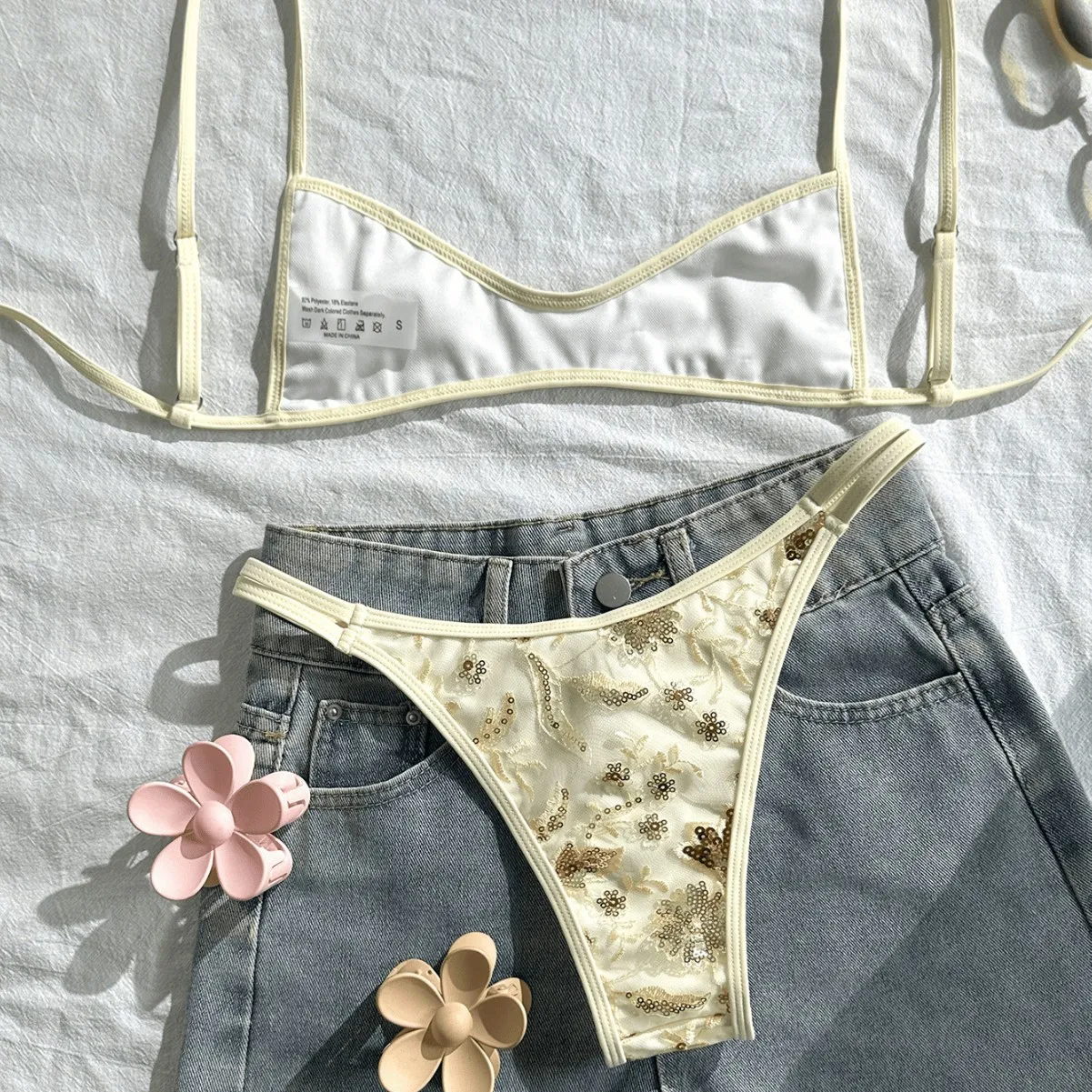 Women Sheer Mesh Two Piece Bikinis Set Bathing Suit Sequined Flower Embroidery Bikini High Cut Thong Pool Swimwear Swimsuits