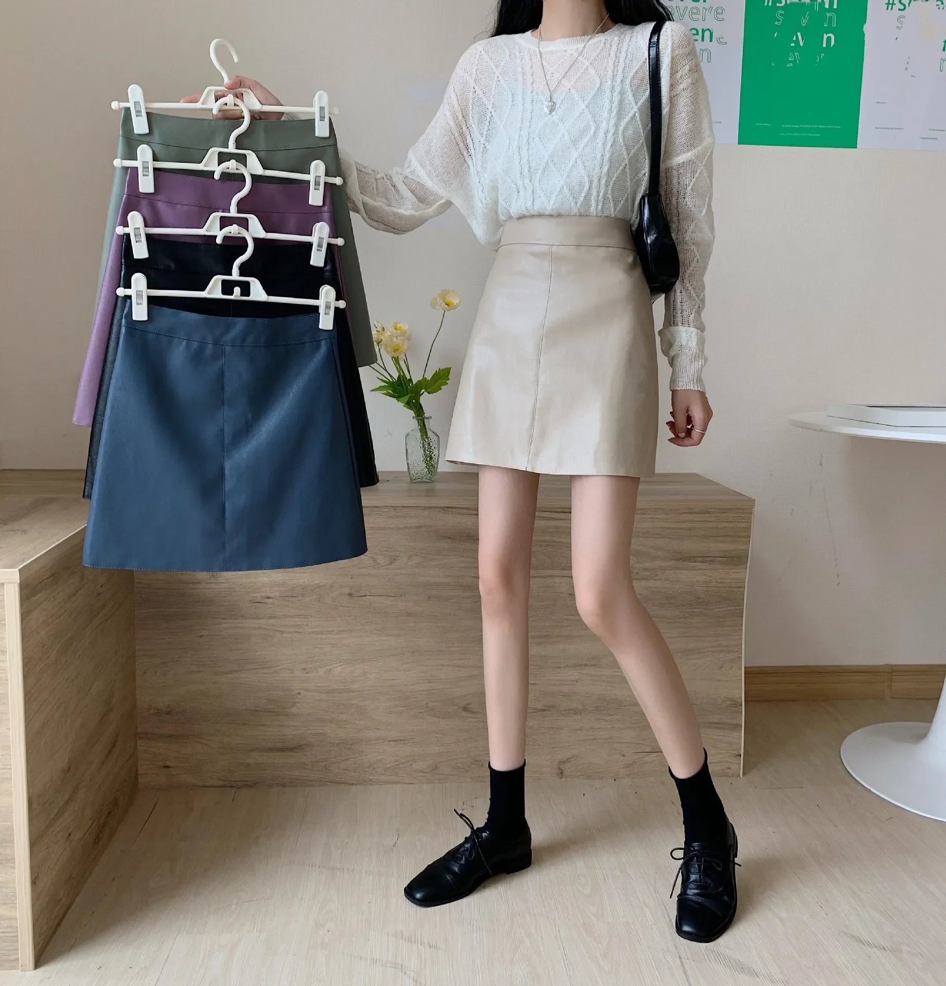 Versatile High-waisted Mini Dress Green Pu Leather Skirt Women's A- line Hip New Style Autumn/winter Season