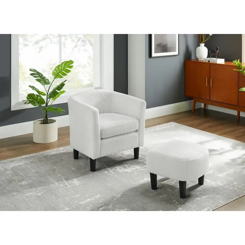 Modern Accent Chair, Upholstered Armchair with Ottoman Footrest, Comfy Sofa Chair for Living Room, Bedroom & Office, White