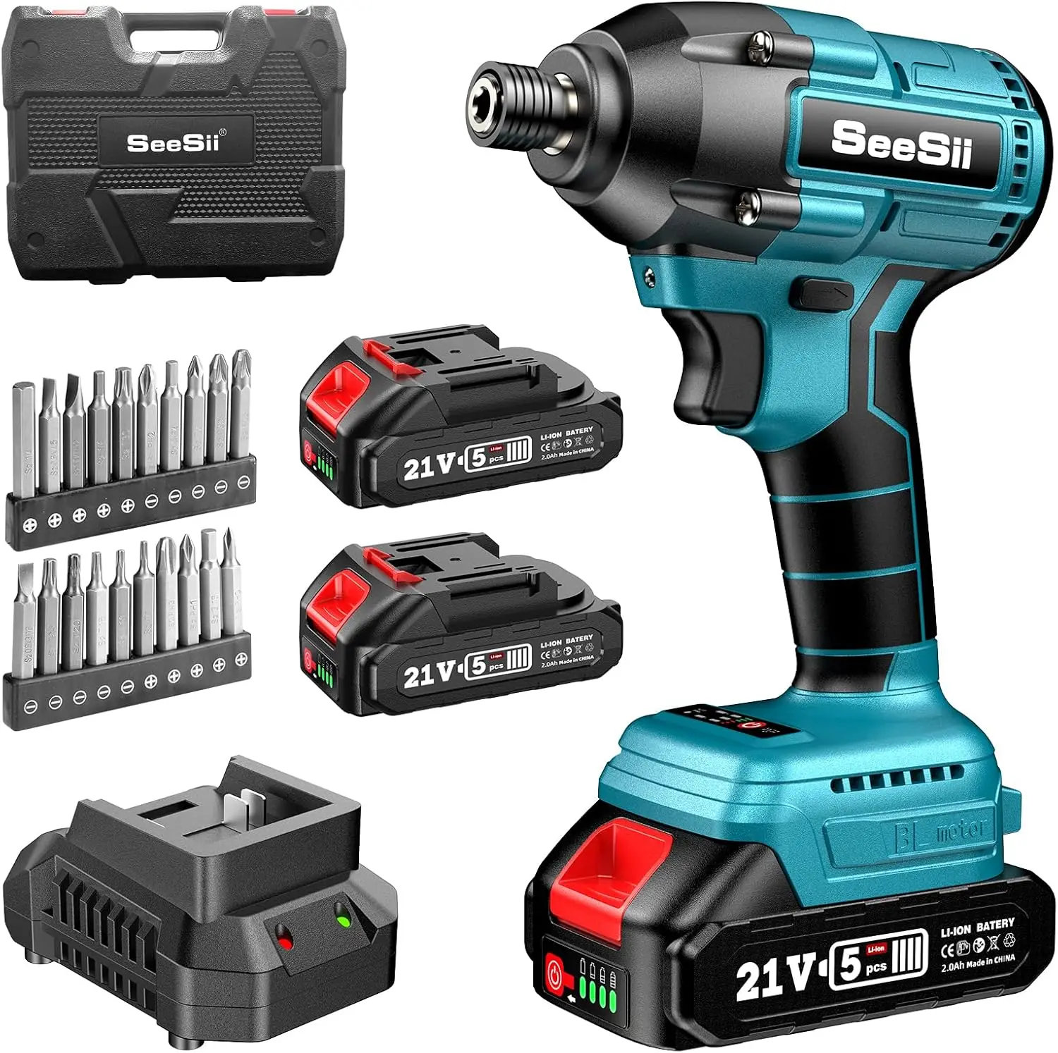 Seesii Impact Driver Kit, 21V Max Torque 1590 In-lbs(180 N.m) Cordless Impact Driver Set with Two 2.0 Ah Battery, 1/4