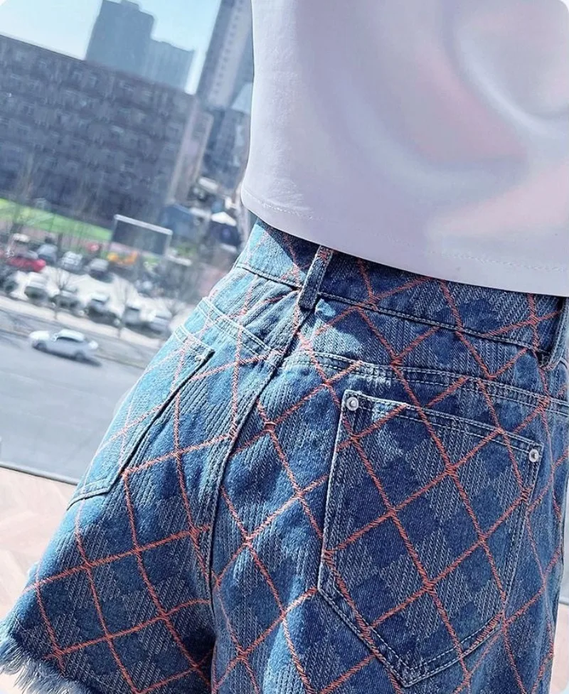 Pantaloncini di jeans scozzesi a vita alta Donna Estate Semplicità Office Lady Pantaloncini dritti casual allentati a gamba larga