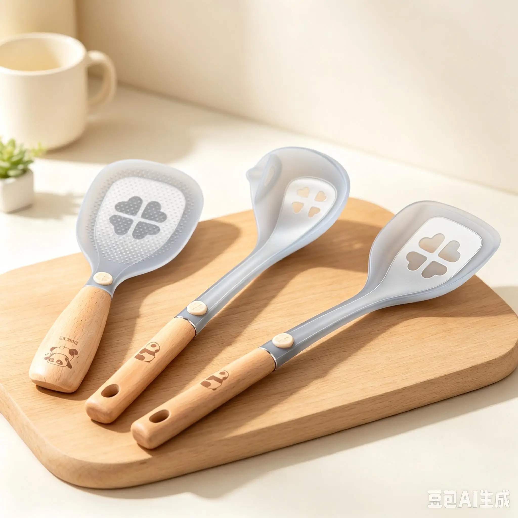 Silicone Kitchenware with Dark Wooden Handle Non Stick to Spatula Clover Spoon Wood Handle Heat-resistant Cooking Accessories