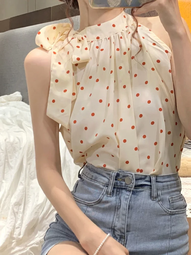 Polka Dot Sleeveless Blouses Women Summer Sweet Style Lovely Bow Design Casual Chic All-match Holiday Aesthetic Elegant Blusas