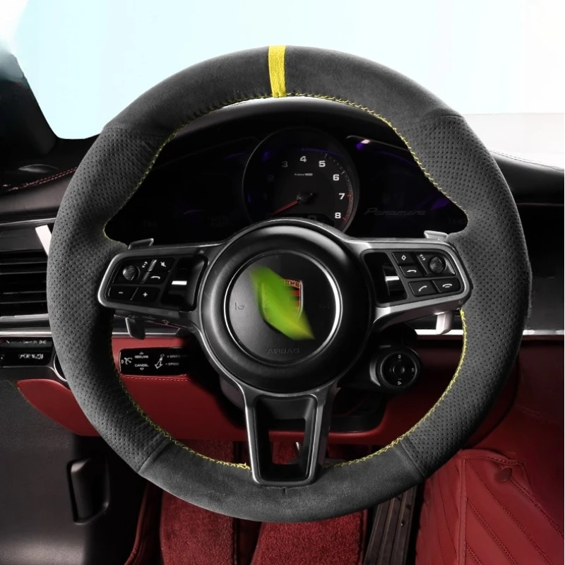 Hand Stitched Yellow Line Yellow Label Suede Car Steering Wheel Cover for Porsche Cayenne Macan Panamera 911 996 997 959