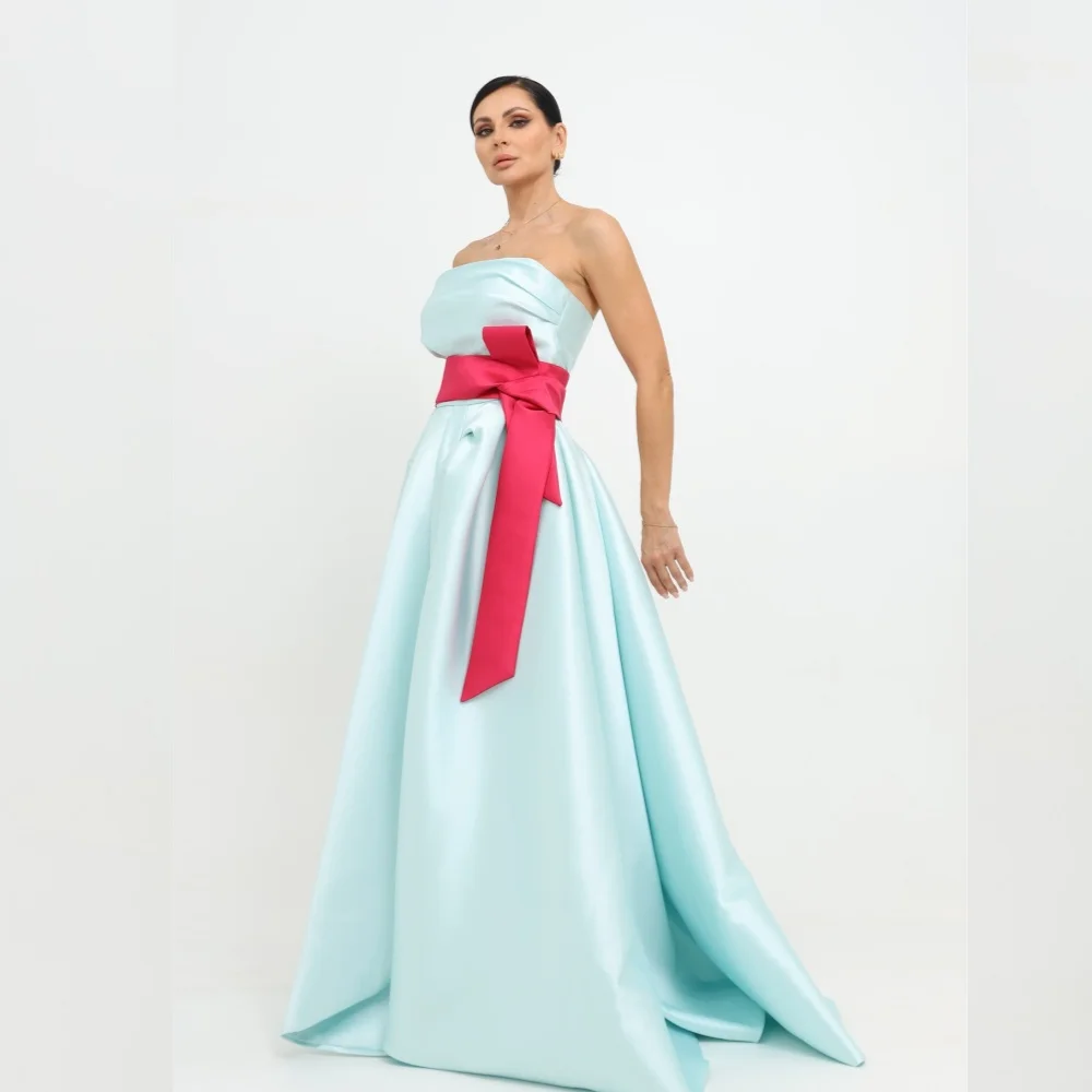 

Customized Satin Draped Pleat Sash Evening A-line Strapless Bespoke Occasion Gown Long Dresses