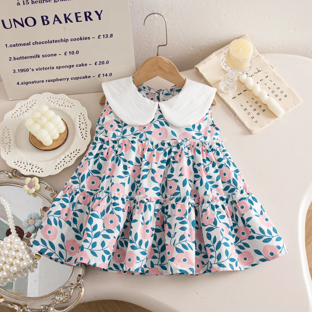Baby Girl Korean Style Dress Flower Pattern Doll Collar Sleeveless Cotton Dress Girls Summer Outing Clothing