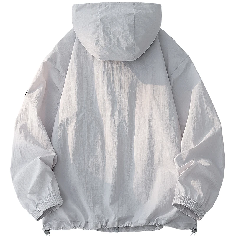 Outdoor UPF50+ Men's Hooded Sunscreen Jacket Summer Ultra Thin Zipper Pocket Windbreaker Elastic Cuffs Hiking Fishing Skin Coats