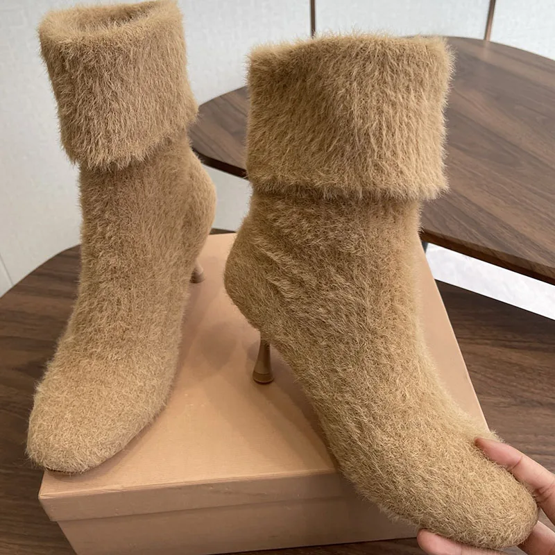 

Socks Botas Knitting Wool Knitted Stretch Keep Warm Ankle Boots Spring Autumn Women Round Toe Thin High Heels Short Boots