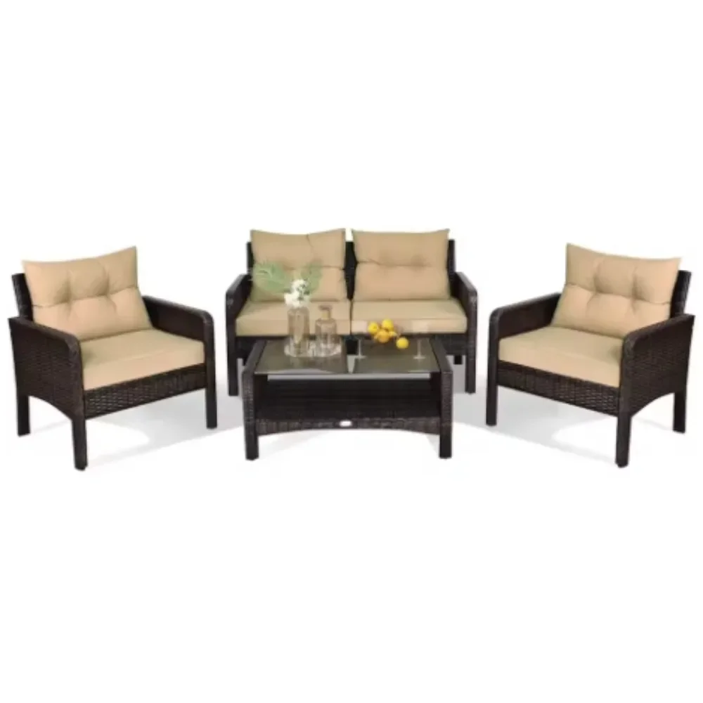 

Customizable 4-Piece Garden Rattan Furniture Set, Patio Conversation Set with Cushioned Loveseat, Chairs