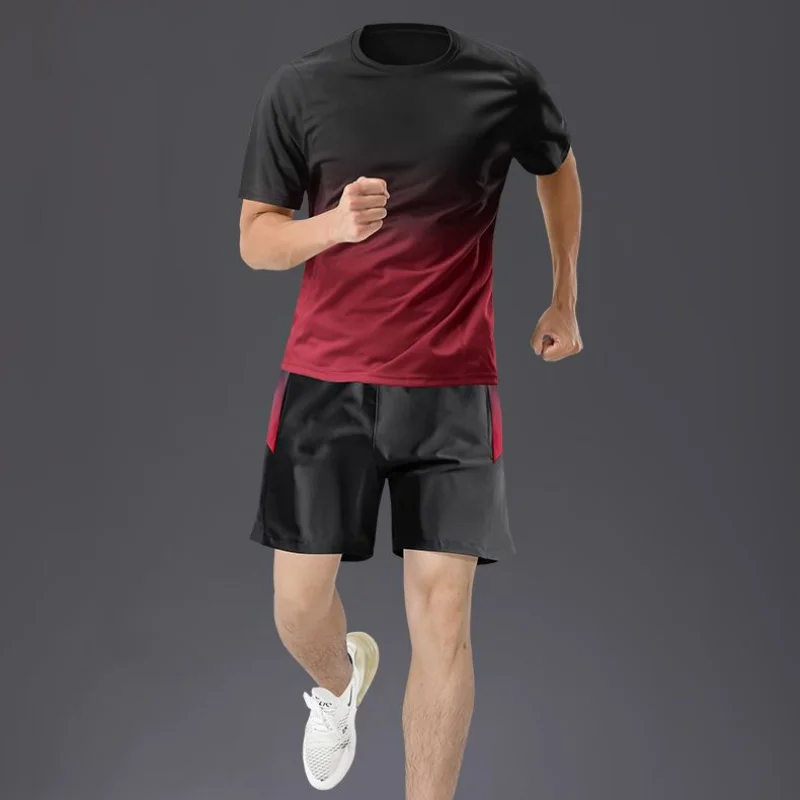 Ice Silk Thin Sports Quick Drying Running Set Men\'s Panelled O-Neck Short Sleeved T-shirt Elastic Waist Pocket Versatile Shorts