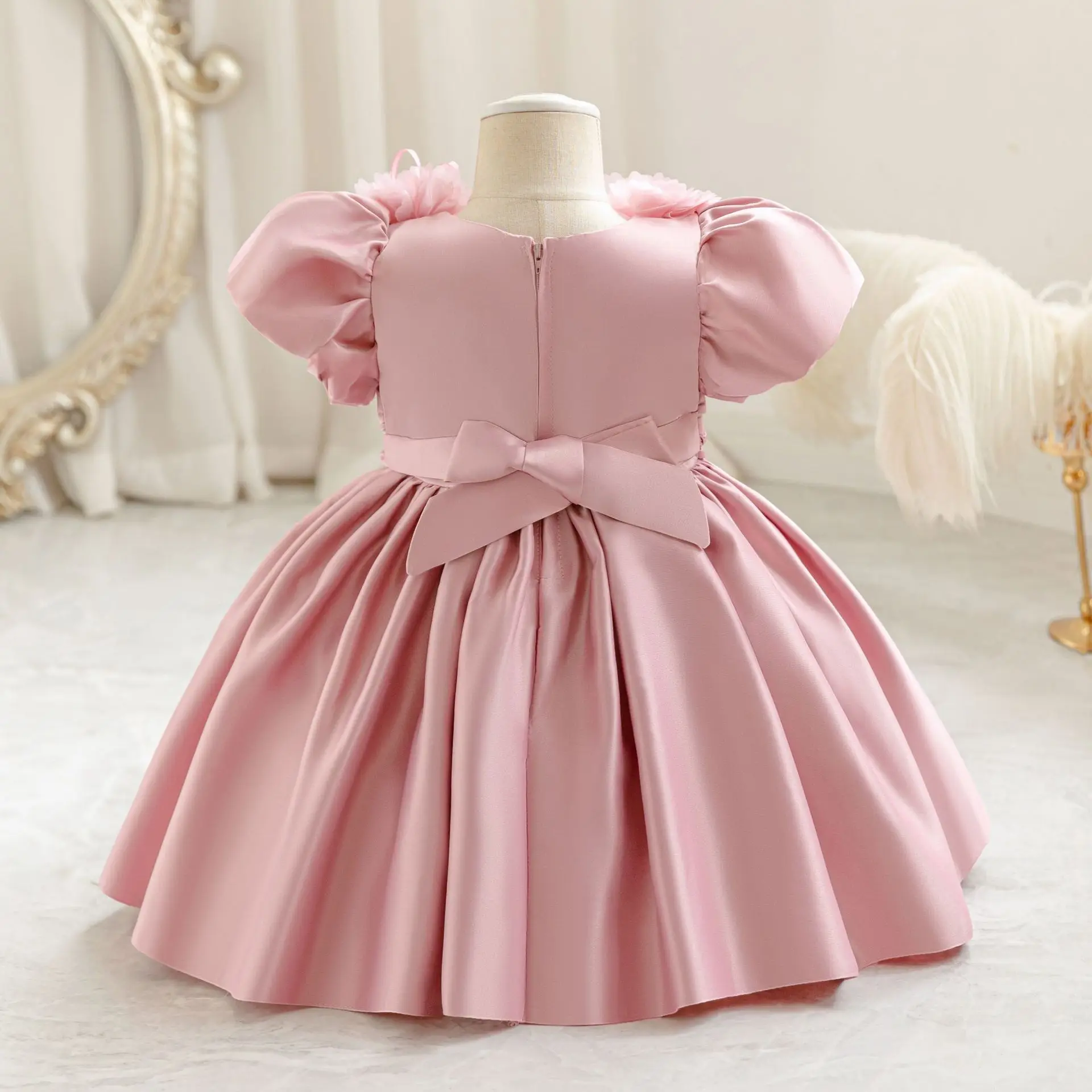 Grace Stylish Baby Toddler Puff Sleeves 3D Flower Girl Birthday Party Pageant Dance Party Tutu Dress