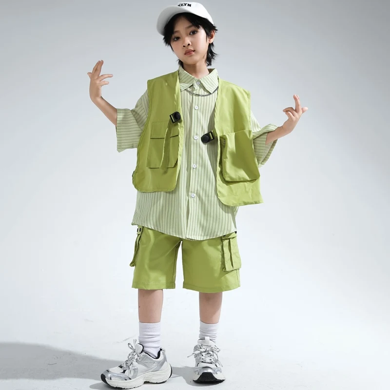Sommer Kinder Hip Hop Kleidung Jungen Grüne Weste Hemd Shorts Street Dance Kostüm Trommel Konzert Leistung Kleidung Lose BL14863