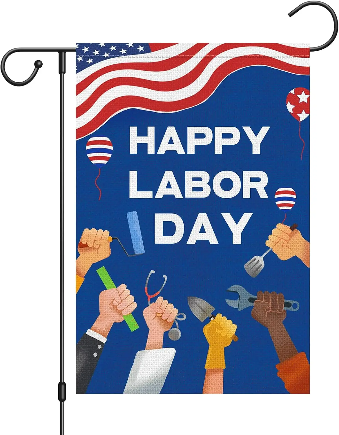 Happy Labor Day Garden Flag Working Tools Patriotic USA Flags 12 x 18 Double Sided Burlap  for Outdoor Outside Garden Farm