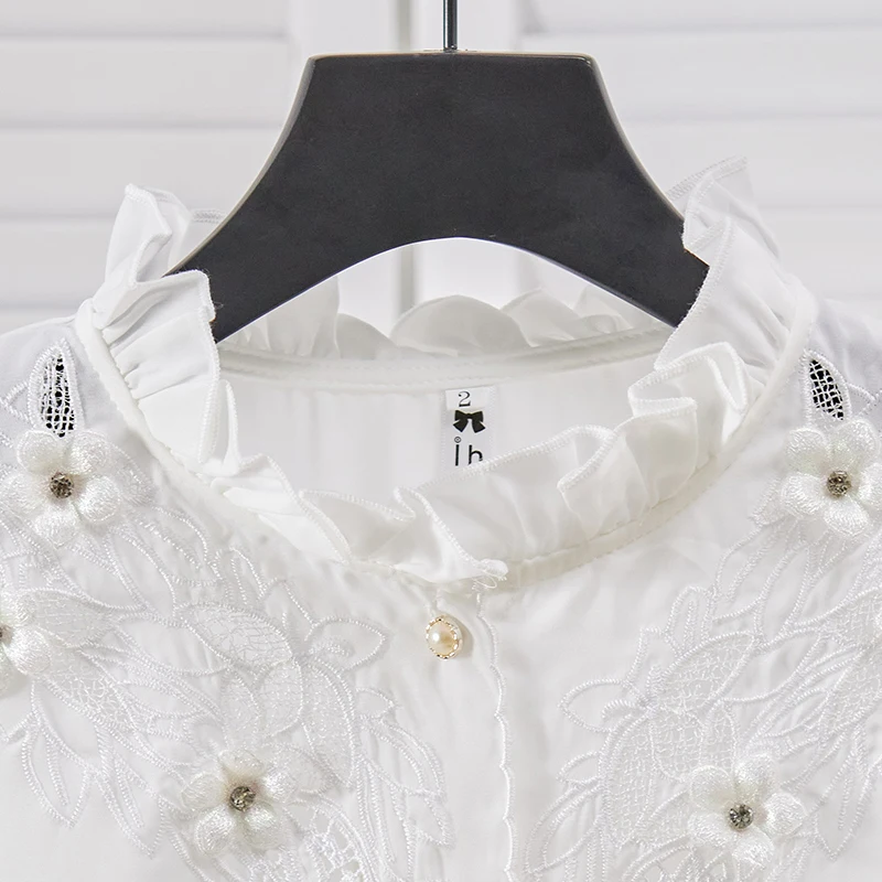 Fashion Office Woman Shirt Hollow Embroidery Pearl Buckle Stand Collar Long Sleeve Spring Autumn Elegant Artificial Silk Blouse