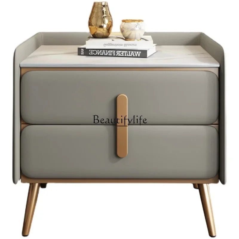 

Slate leather bedside table Modern simple light luxury small solid wood bedroom bedside table