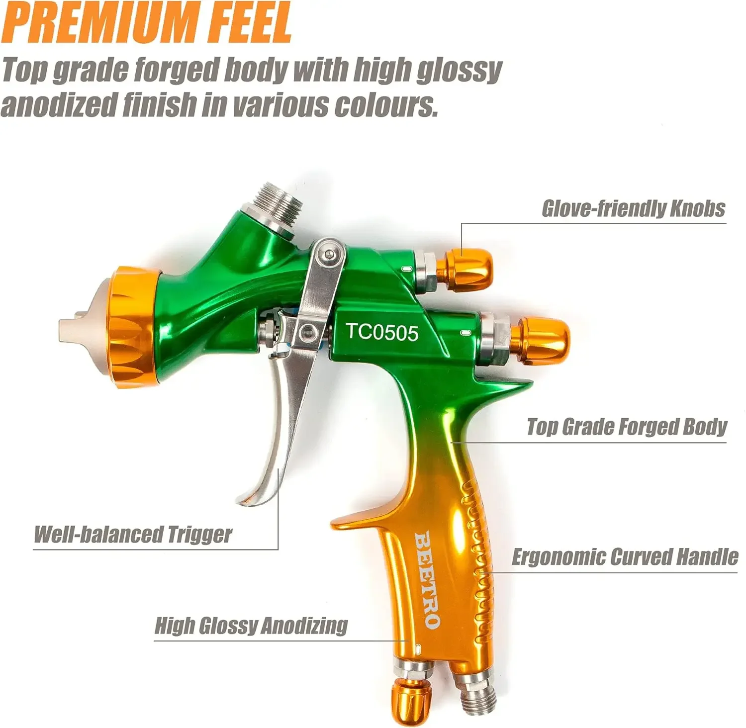 HVLP Gravity Professional Feed Air Spray Gun, Padrão de pulverização larga, 1.3/1.4mm Bico, Válvula de Controle de Ar W, 1000ml Capacidade, 280-320mm