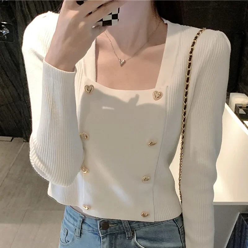 Korean Style New Arrival Initial Autumn Square Collar Locking Clavicle Knitted Top Elegant Versatile Design Sensibility Niche Cr