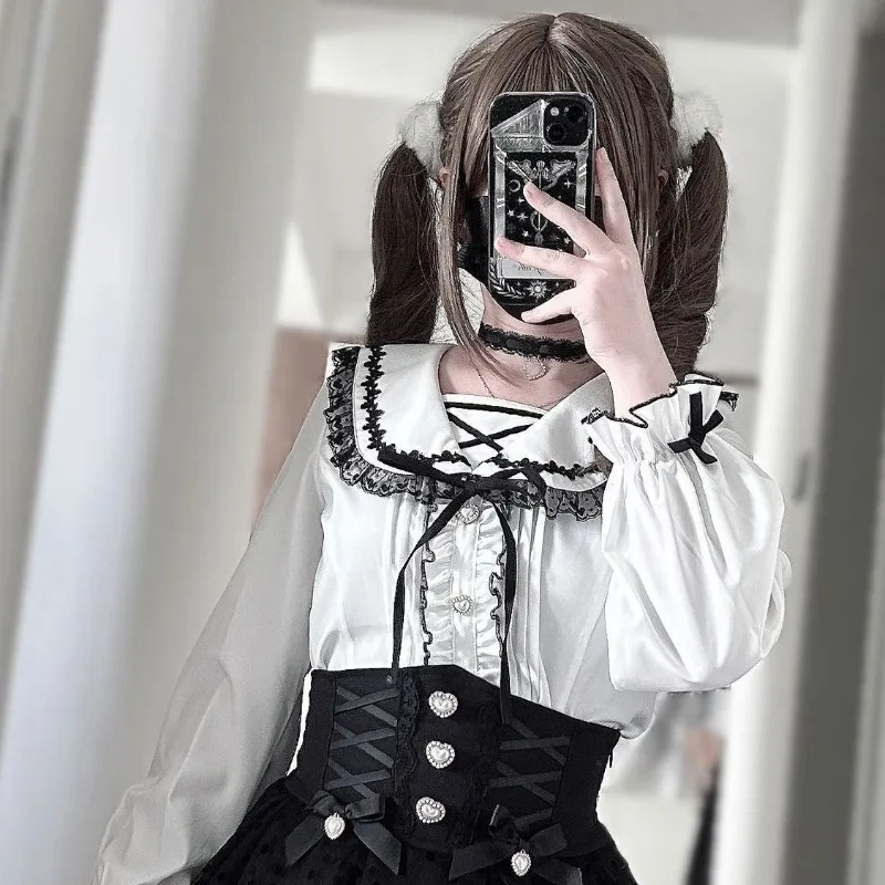 

Mujer Camisas Japanese Kawaii Lolita Jk Women's Blouses Vintage Sweet Lace Bow Shirt Women Y2k Subcultural Blusas Chemise Femme