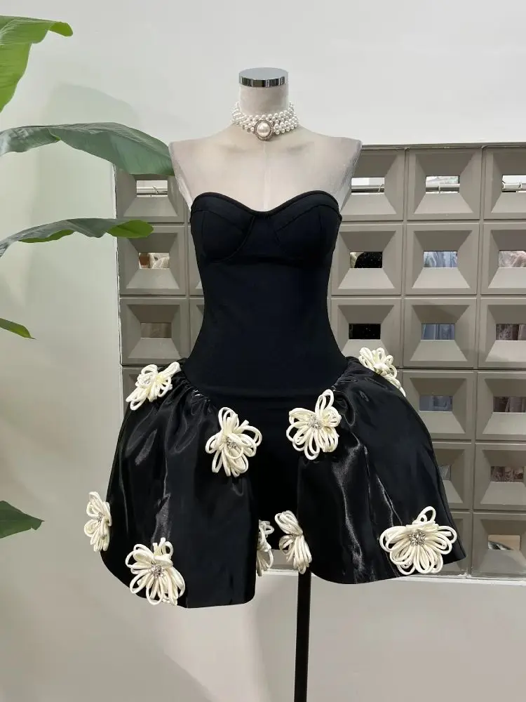 

Summer Fashion 2025 Sexy Backless Strapless Floral Black Mini A Line Dress Women Party Evening Gown Designer Women's Clothes