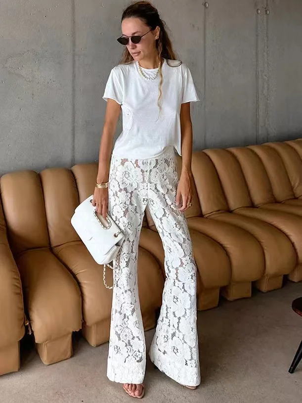 High Waist Flared Pants Jacquard Lace See-tough Commute Sle Long Trousers Women's Casual Faion Spring Collection