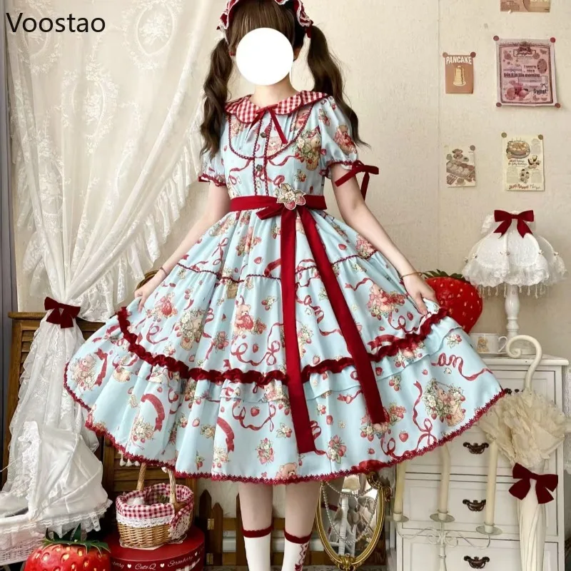 Sukienka w stylu wiktoriańskim, słodka, elegancka Lolita, damska, kawaii, urocza, z nadrukiem misia z kreskówki, falbankami, kokardą, sukienka księżniczki, vintage, na wieczorne przyjęcie.