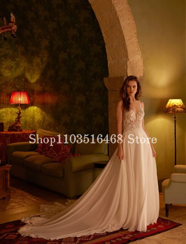 Abiti da sposa Sexy 2024 eleganti spalline per Spaghetti Applique in raso bohémien lunghezza del pavimento abiti da sposa abiti Para Mujer